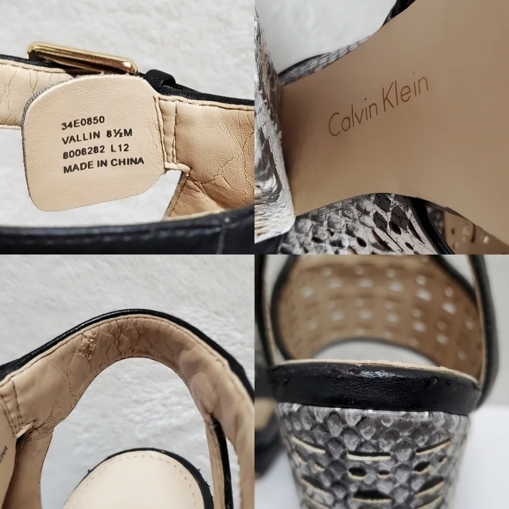 CALVIN Klein Vallin Black White Snakeskin Laser Strap Platform Block Heel Sandal